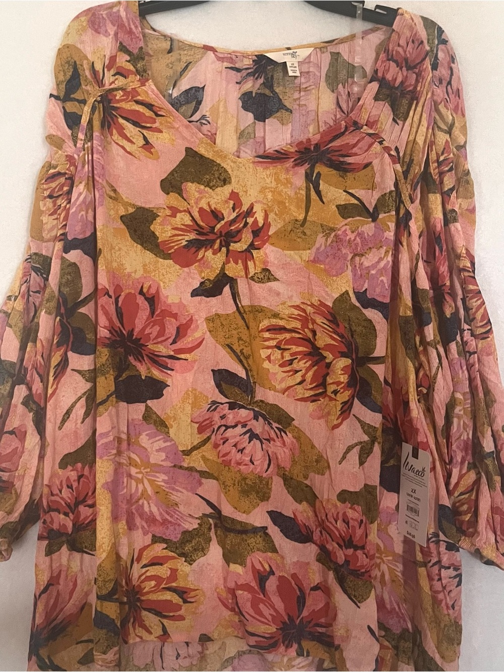 Terra & Sky Pink Floral Boho Tunic with Olive Green Accents 2X - Picture 11 of 11